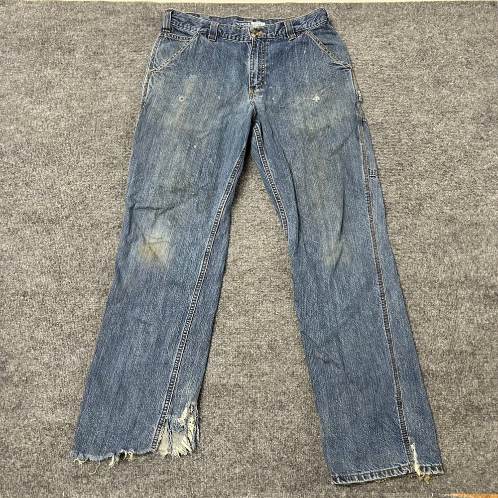 Carhartt Carpenter Jeans Mens Size 33x34 Blue Loose Fit Distressed Workwear
